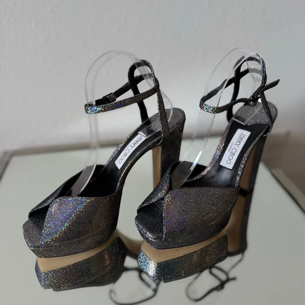New JIMMY CHOO Sacaria Glitter Platform Sandal $925 40